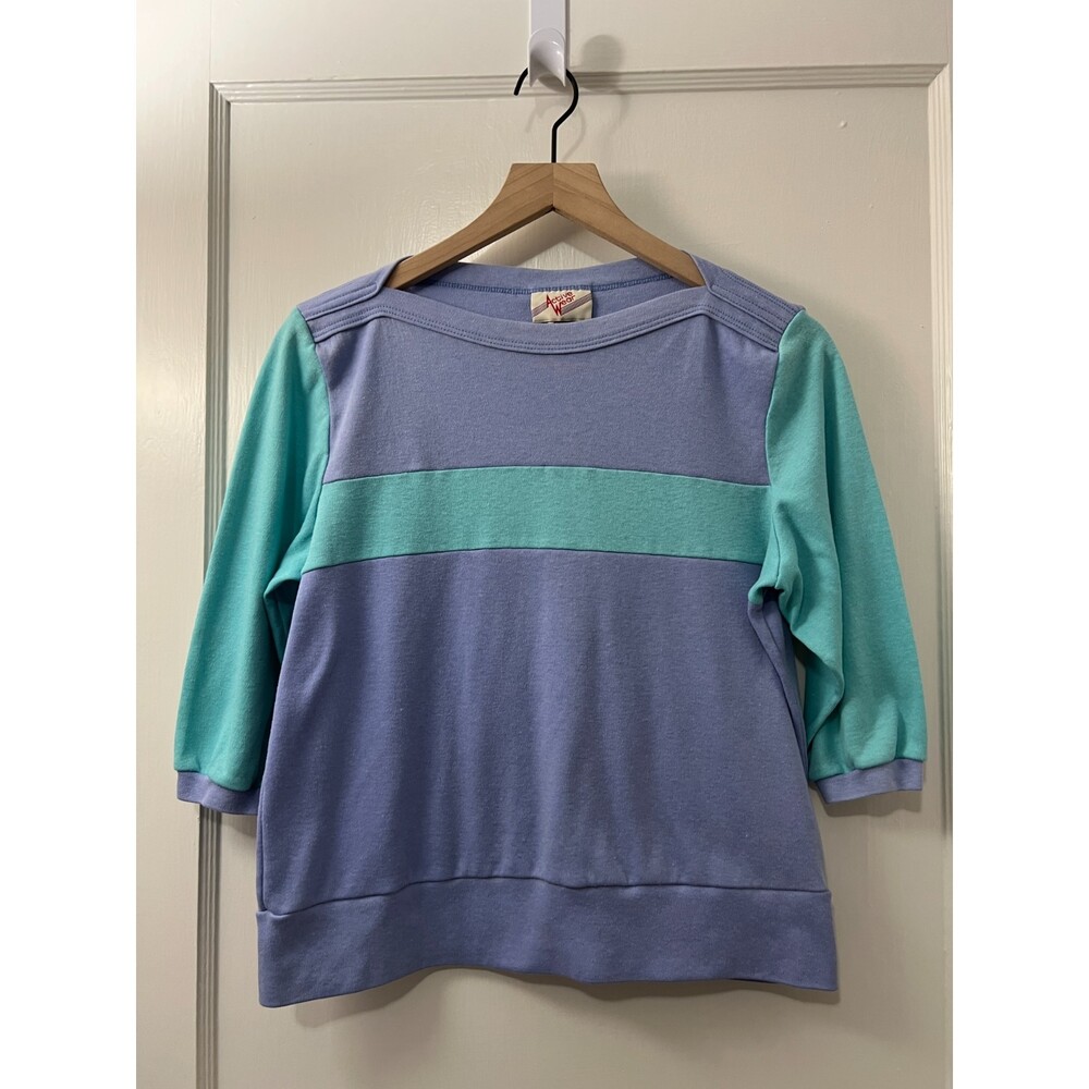 Vintage Active Wear 80s Blue Purple Blue Stripe 3/4 Sleeve Top - Women's M